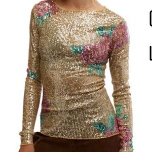 Free People NWT Sequin Floral Long Sleeve Top